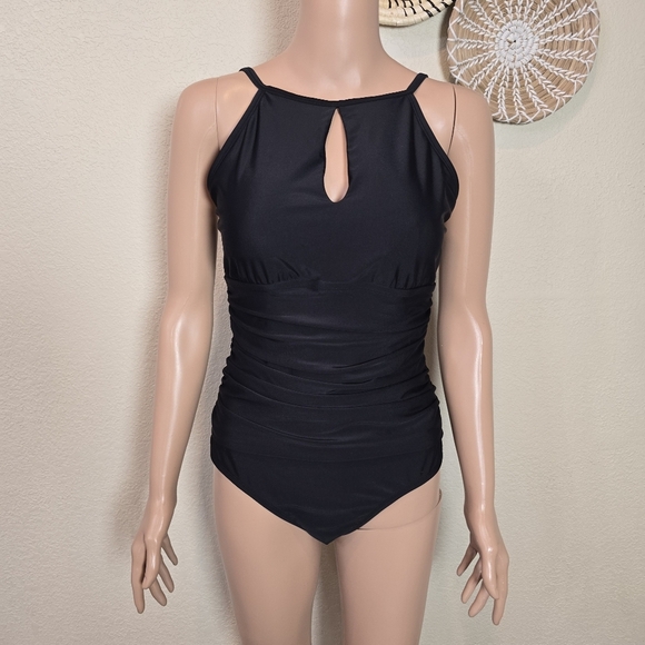 Ellen Tracy Black  One Piece Swimsuit with Keyhole Detail and Ruching Size 12 - Picture 2 of 10